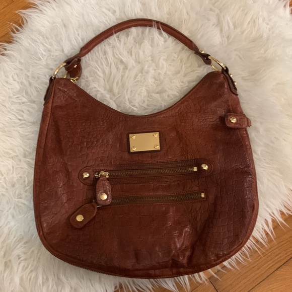 Linda Pelle croc embossed leather bag brown and gold incredible quality EUC - Picture 2 of 7